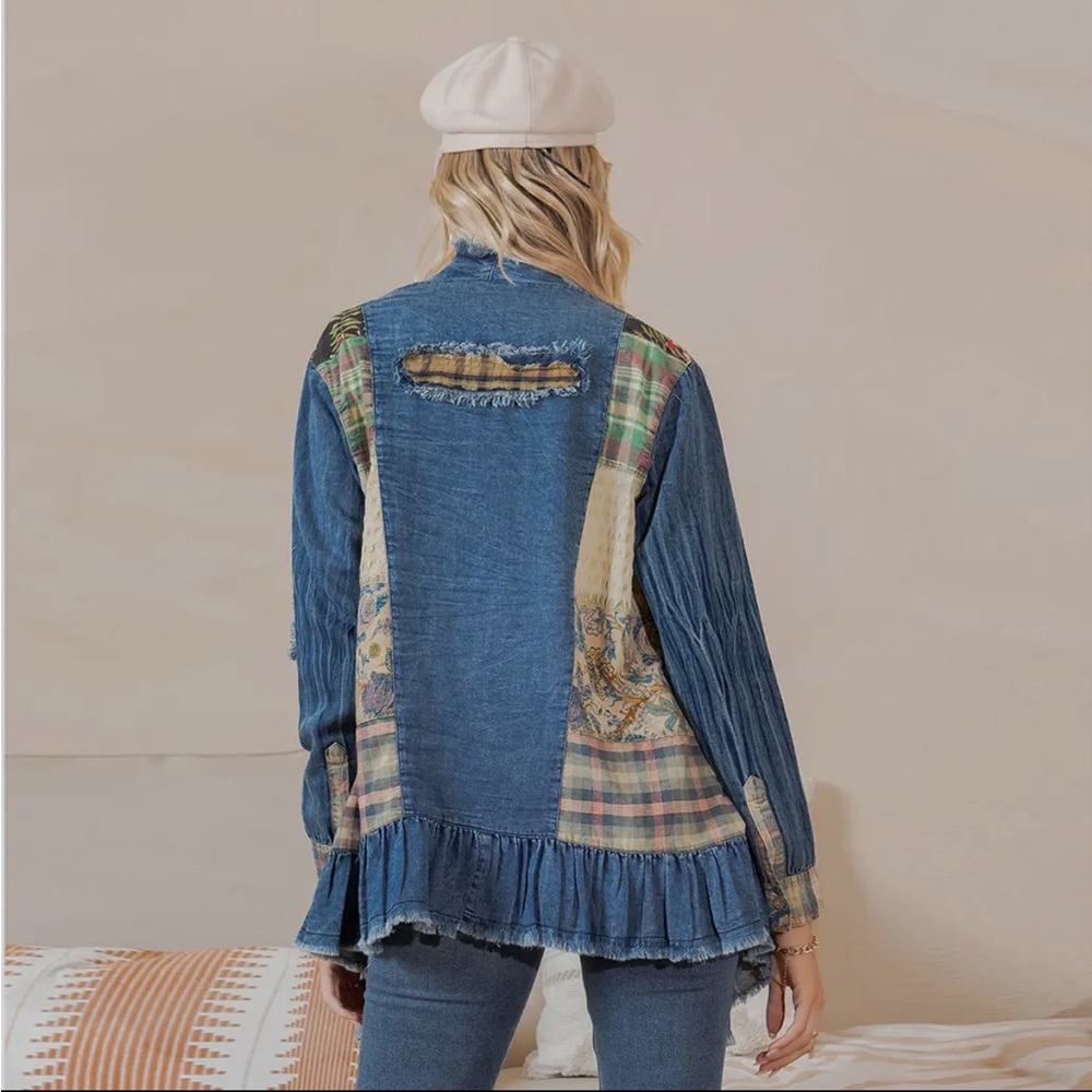 Young Threads Patchwork Denim Jacket with Ruffle Hem - Picture 3 of 6